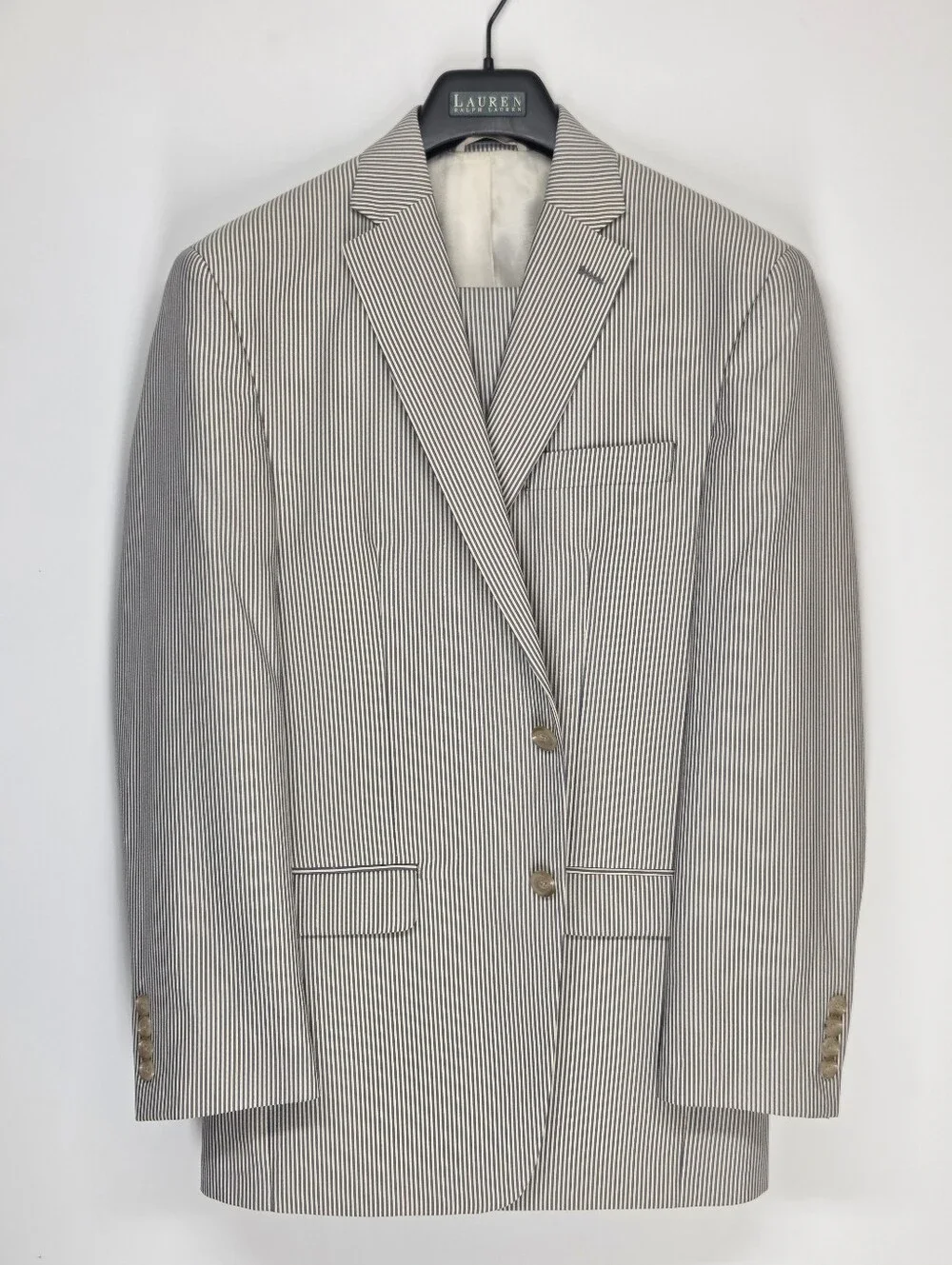 Lauren Ralph Lauren Seersucker Suit Mens 38R 32x32 Navy Cream Stripe 2Pc